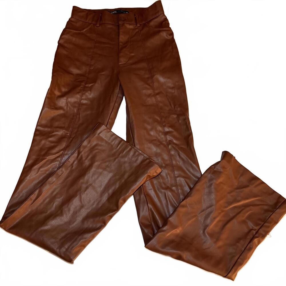 ZARA  Faux Leather flannel lined flare leg pants. Chocolate brown size XS.